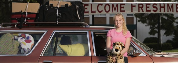 A woman arriving at college